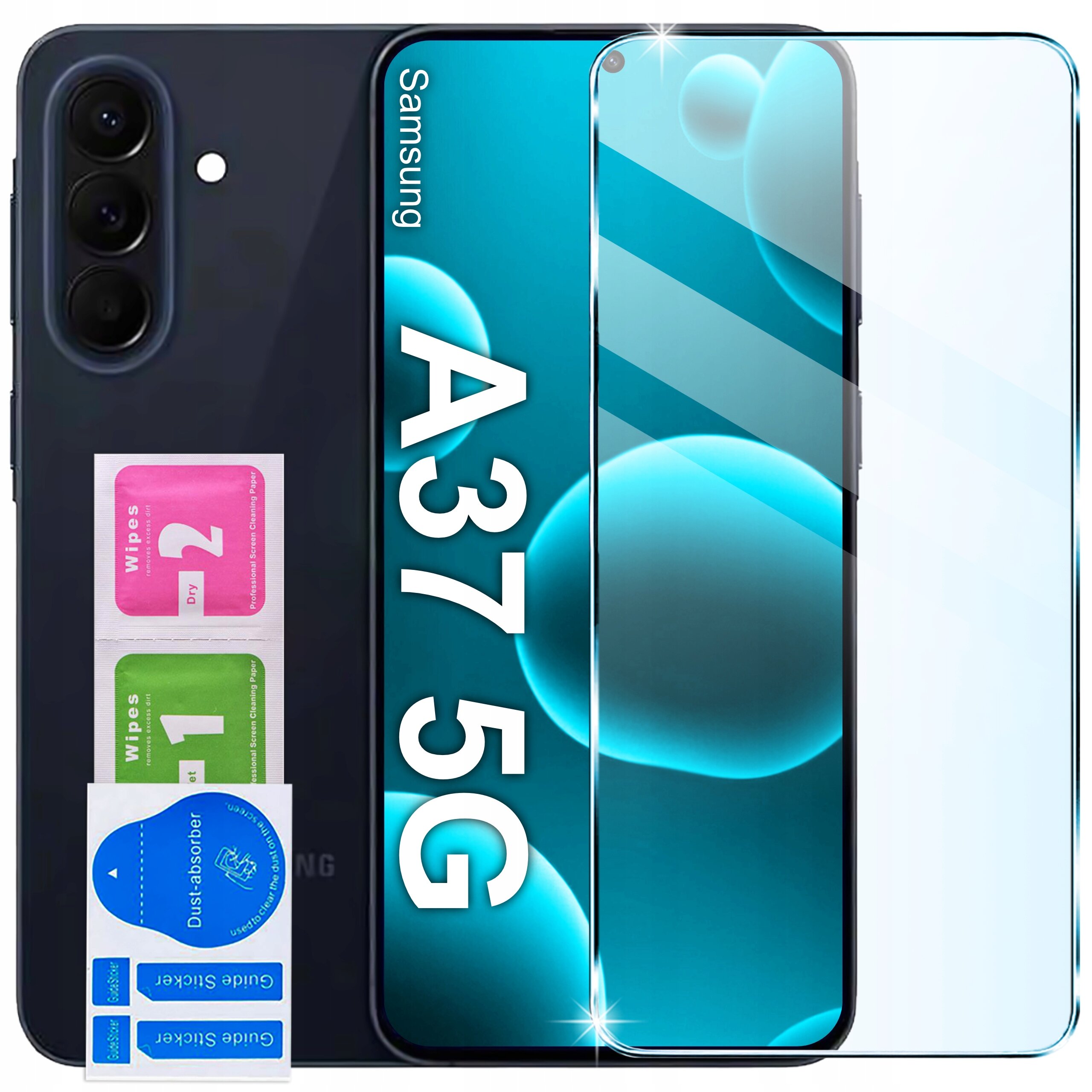 Na obrazie widoczny jest telefon z napisem \'Samsung A37 5G\' oraz zestaw akcesoriów do czyszczenia ekranu oznaczonych jako \'Wipes 1\' i \'Wipes 2\'. Obok telefonu znajduje się przezroczyste szkło ochronne.