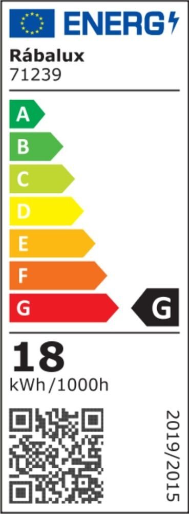 Etykieta energetyczna z logo UE i napisem \'Rábalux 71239\', pokazująca klasę energetyczną G. Zużycie energii wynosi 18 kWh/1000h, a na dole znajduje się kod QR i data 2019/2015.