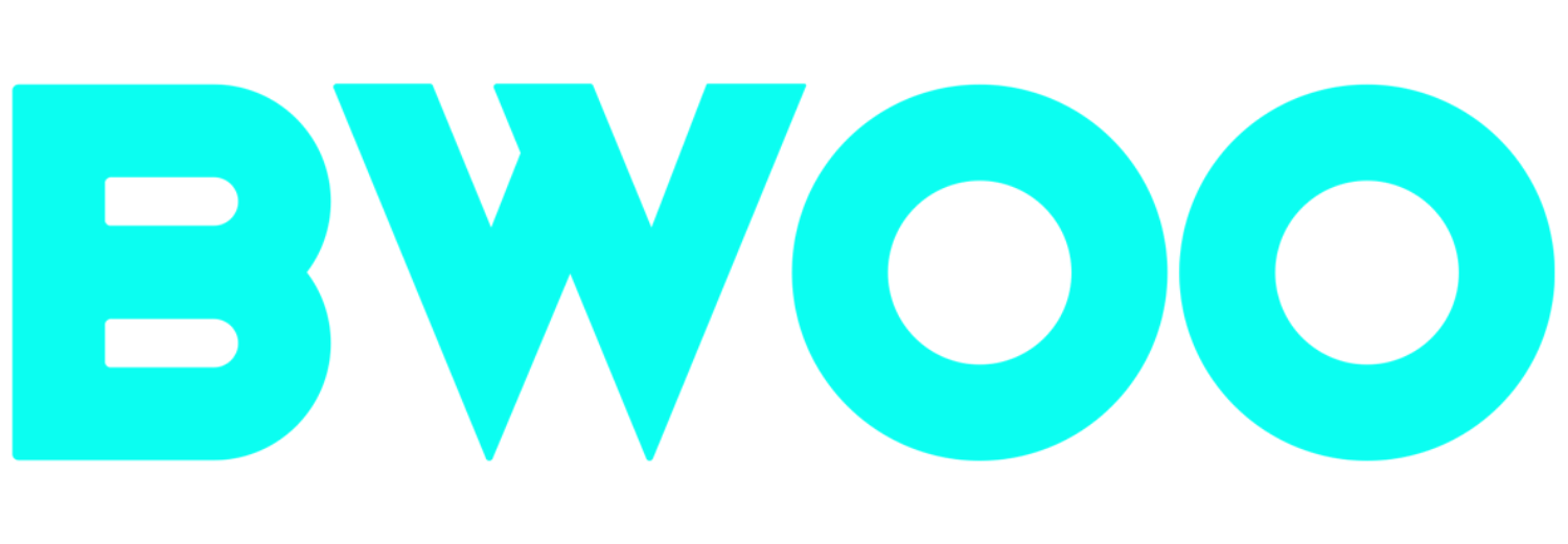 Logo z napisem \'BWOO\' w jasnoniebieskim kolorze na białym tle.