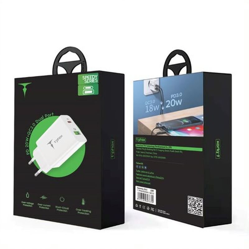 Opakowanie ładowarki sieciowej z logo T-Phox, przedstawiające produkt z dwoma portami USB-C i USB. Na opakowaniu widoczny jest tekst: \'QC3.0 18W PD3.0 20W\'.