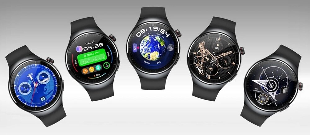 Pięć smartwatchy z różnymi tarczami, w tym z motywem ziemi, zegara analogowego i wskaźników cyfrowych. Każdy zegarek ma czarny pasek i okrągłą kopertę.