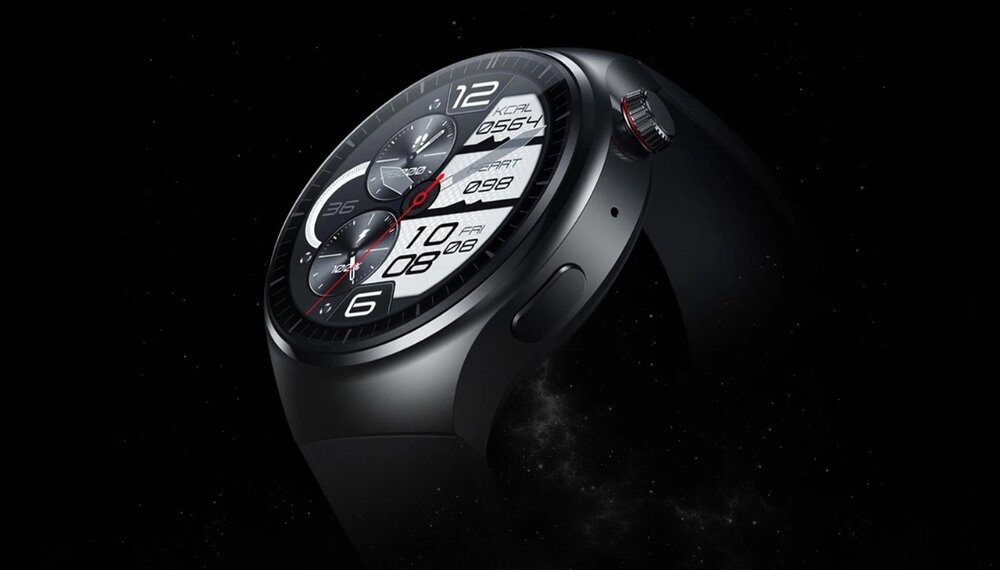 Czarny smartwatch z okrągłym wyświetlaczem, na którym widoczne są cyfry i wskaźniki. Tło jest ciemne, co podkreśla elegancki design zegarka.