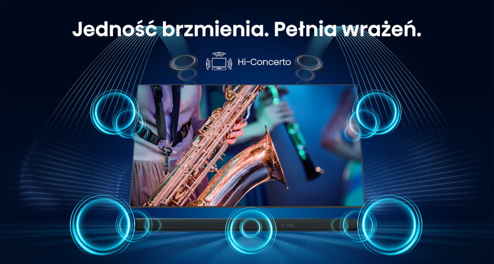 Obraz przedstawia muzyków grających na instrumentach dętych, otoczonych niebieskimi falami dźwiękowymi. Na górze widnieje tekst: \'Jedność brzmienia. Pełnia wrażeń.\' oraz logo Hi-Concert.