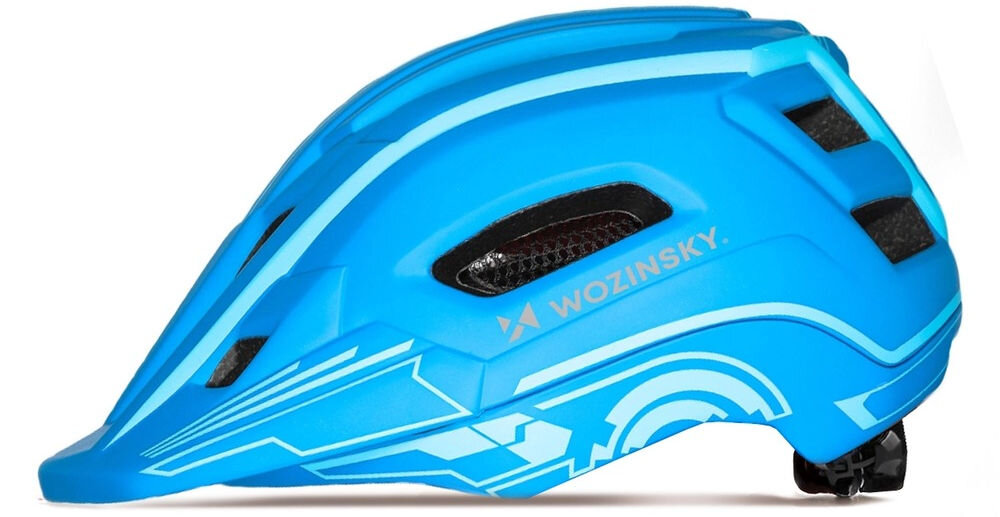Niebieski kask rowerowy z odkręcaną szczęką i lampką, z widocznym logo \'WOZINSKY\'. Kask ma aerodynamiczny kształt i wzory w jaśniejszym odcieniu niebieskiego.