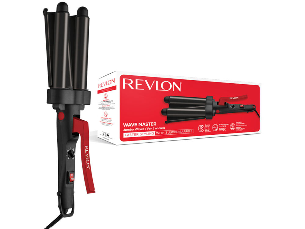 Na obrazie widoczna jest falownica z trzema dużymi cylindrami oraz opakowanie z napisem \'REVLON WAVE MASTER\'.