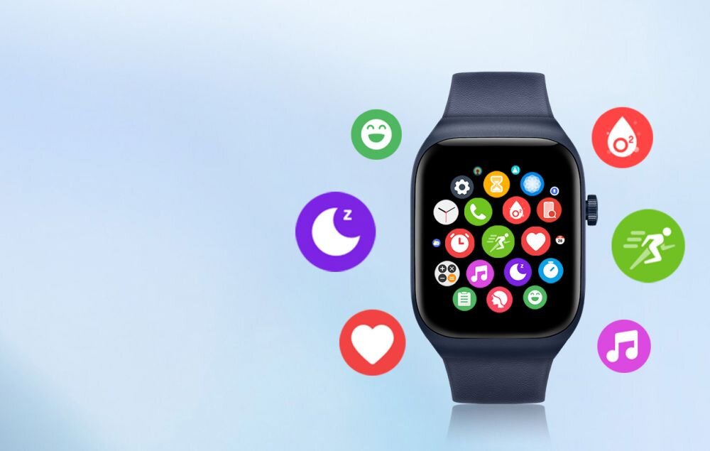Na obrazie widoczny jest smartwatch z niebieskim paskiem, na którego ekranie wyświetlają się kolorowe ikony aplikacji. Wokół zegarka unoszą się dodatkowe ikony symbolizujące różne funkcje, takie jak bieganie, muzyka i sen.