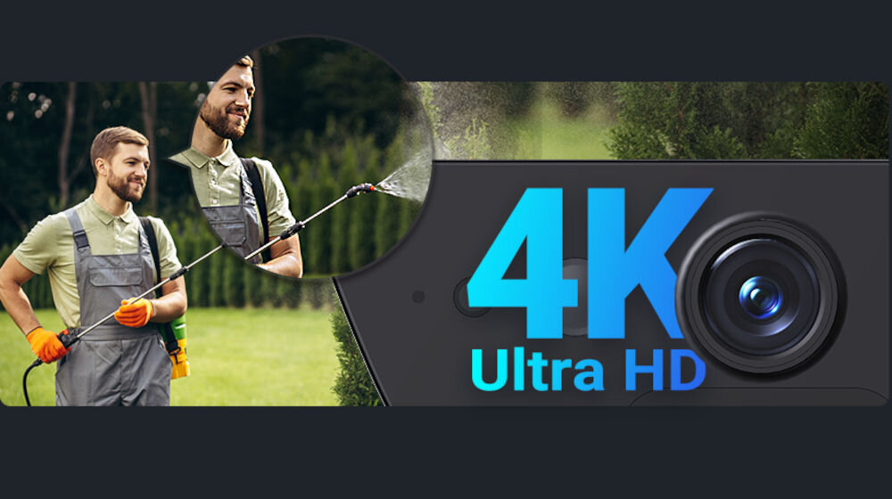Obraz przedstawia osobę w ogrodniczym stroju, trzymającą wąż ogrodowy, na tle zieleni. Obok znajduje się napis \'4K Ultra HD\' oraz obiektyw kamery.