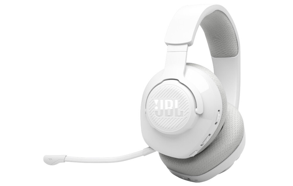 Białe, nauszne słuchawki bezprzewodowe z mikrofonem, z widocznym logo \'JBL\' na nauszniku.