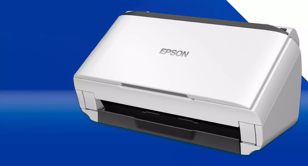 Skaner EPSON WorkForce DS-410 prezentacja skanera od przodu pod kątem na granatowo-białym tle