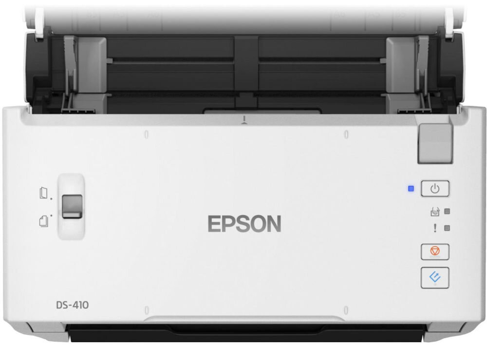 Skaner EPSON WorkForce DS-410 zbliżenie na przyciski na urządzeniu od góry na białym tle prosty w obsłudze i łatwy do instalacji