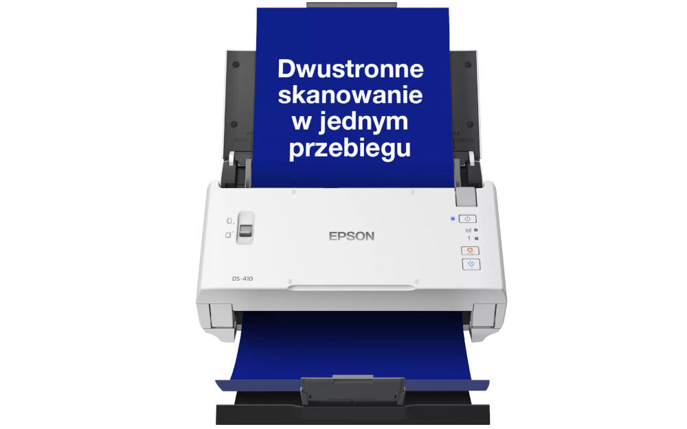 Skaner EPSON WorkForce DS-410 prezentacja skanera z włożoną do podajnika granatową kartką z napisem dwustronne skanowanie w jednym przebiegu i z wychodzącą granatową kartką na białym tle funkcja dwustronnego skanowania duplex