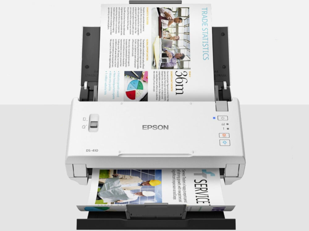 Skaner EPSON WorkForce DS-410 prezentacja skanera z włożoną do podajnika kartką i z wychodzącą kartką na szaro-białym tle z automatycznym podajnikiem dokumentów na 50 arkuszy oszczędność czasu