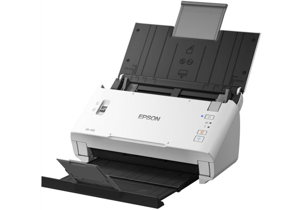 Skaner EPSON WorkForce DS-410 prezentacja skanera od przodu pod kątem na białym tle z oprogramowaniem Document Capture Pro do zarządzania dokumentami usprawnienie organizacji pracy