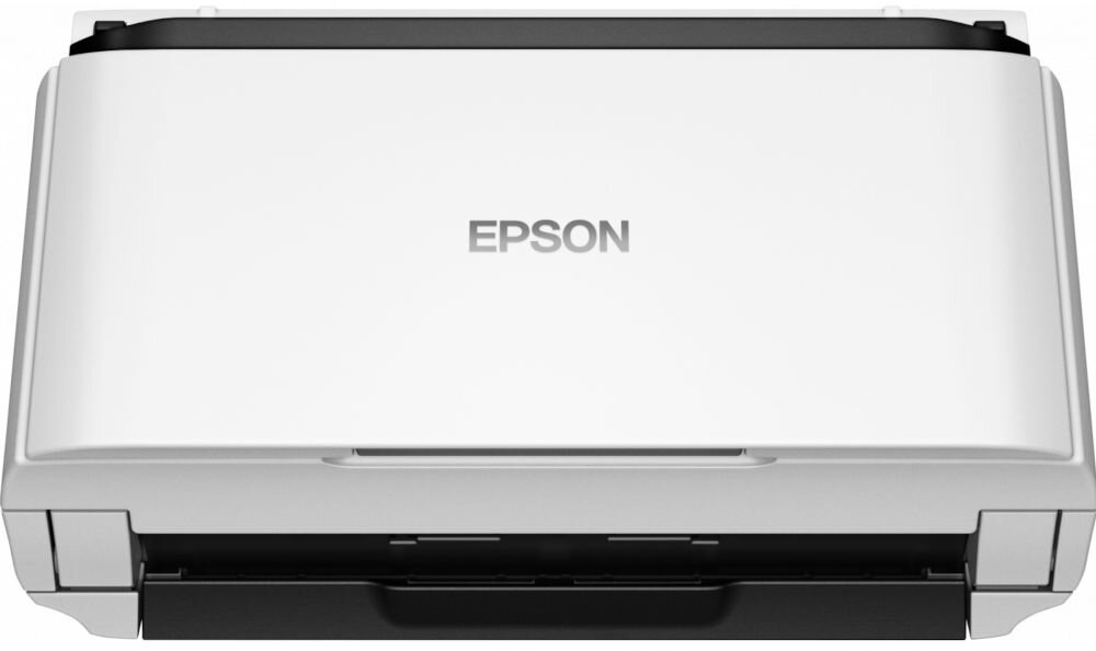 Skaner EPSON WorkForce DS-410 prezentacja skanera od przodu na białym tle złożone podajniki obsługa formatów PDF JPEG TIFF dopasowanie plików do wymagań systemu