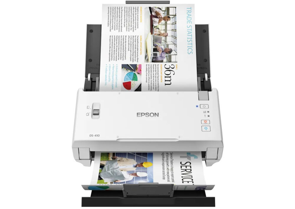 Skaner EPSON WorkForce DS-410 prezentacja skanera od przodu z włożoną do podajnika kartką i z wychodzącą kartką na białym tle rozdzielczość optyczna 600 DPI automatyczny podajnik dokumentów czytelność tekstów optymalna dla codziennych zadań
