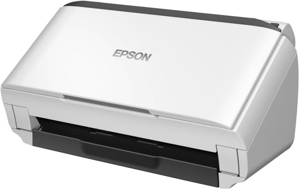 Skaner EPSON WorkForce DS-410 prezentacja skanera od przodu pod kątem na białym tle złożone podajniki temperatura pracy 5 do 35 stopni Celsjusza warunki biurowe bez ryzyka przegrzewania