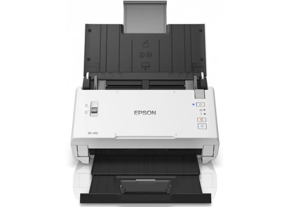 Skaner EPSON WorkForce DS-410 prezentacja skanera od przodu na białym tle złożone podajniki obsługa papieru i dokumentów biurowych szeroki zakres zastosowań