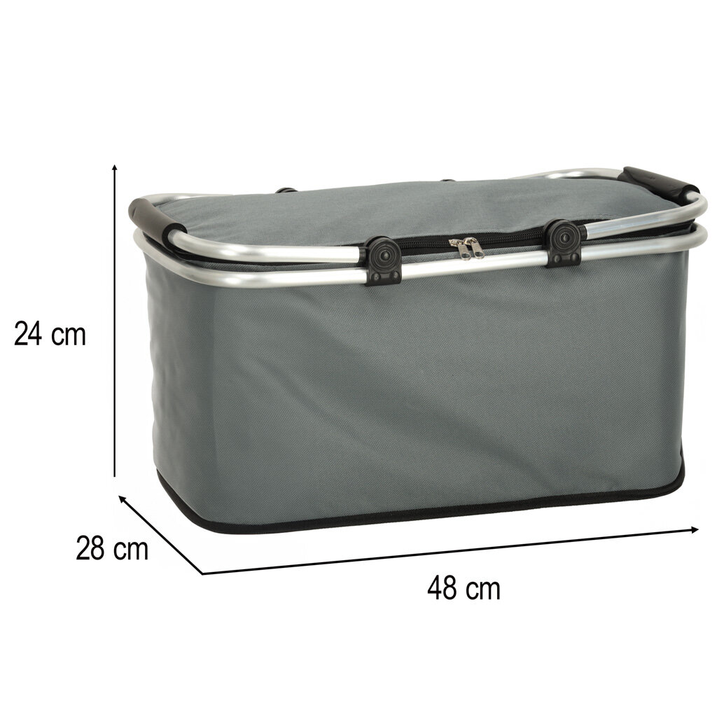 Szara torba termiczna o wymiarach 48 cm x 28 cm x 24 cm z metalowym uchwytem i zamkiem błyskawicznym na górze.