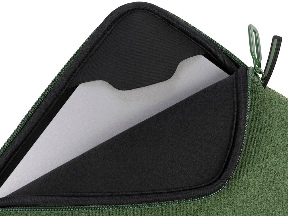 Zielone etui na laptopa z widocznym zamkiem błyskawicznym i czarnym wnętrzem. Etui jest częściowo otwarte, ukazując jego wyściółkę.