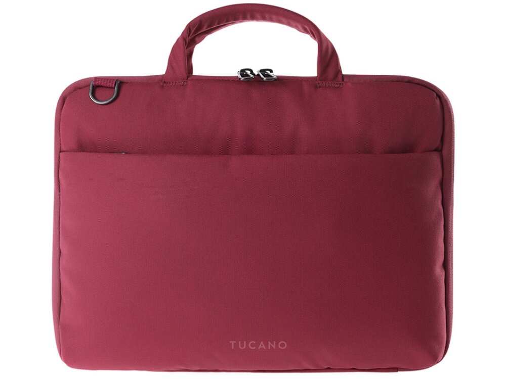 Czerwona torba na laptopa z uchwytem i zamkiem błyskawicznym, z widocznym logo \'TUCANO\'.
