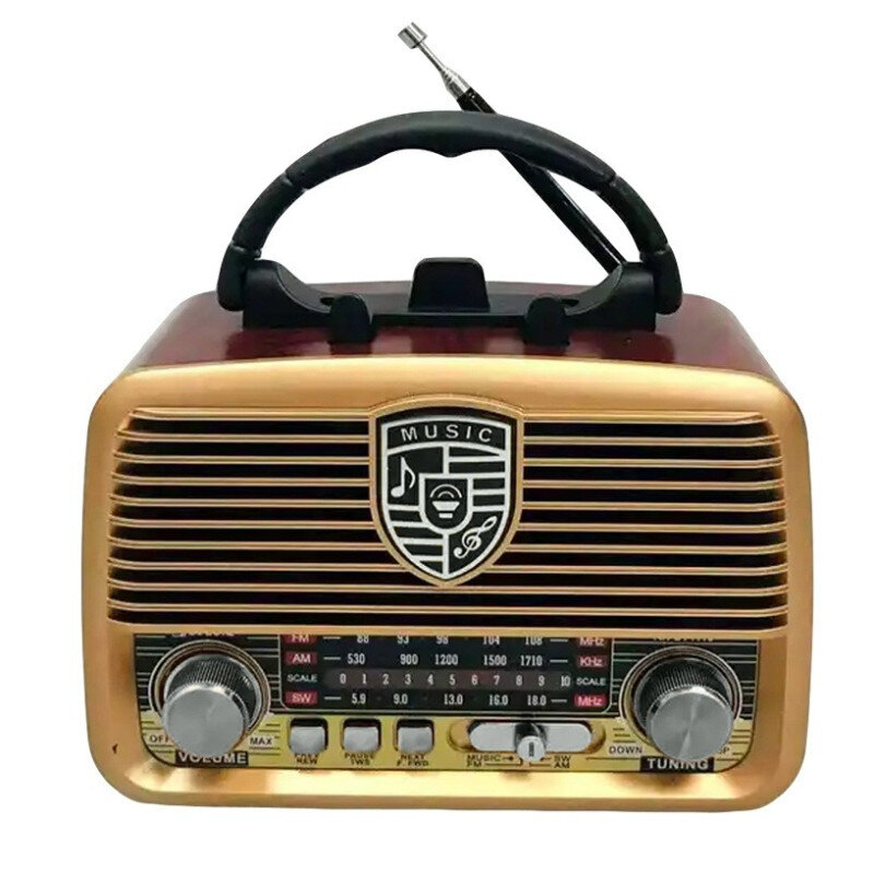 Przenośne radio w stylu retro z dużym uchwytem na górze i teleskopową anteną. Na przednim panelu widoczne są pokrętła do regulacji głośności i strojenia, a także logo z napisem \'MUSIC\'.