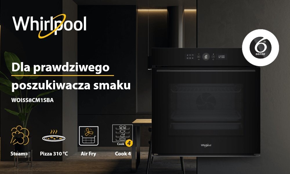 Obraz przedstawia czarny piekarnik elektryczny z logo Whirlpool oraz napisem \'Dla prawdziwego poszukiwacza smaku WOI5S8CM1SBA\'. Widoczne są ikony funkcji: Steam+, Pizza 310°C, Air Fry, Cook 4 oraz symbol 6th sense.