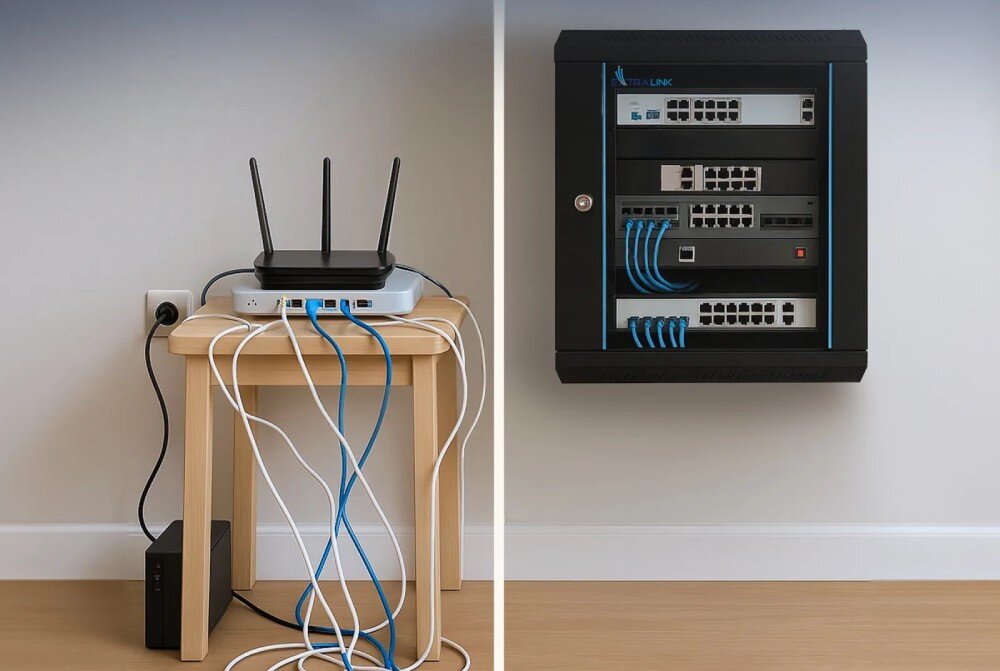Po lewej stronie znajduje się router z kilkoma kablami podłączonymi do niego, umieszczony na drewnianym stoliku. Po prawej stronie widać czarną szafę RACK z zamontowanymi urządzeniami sieciowymi i niebieskimi kablami, na której widnieje logo \'EXTRALINK\'.