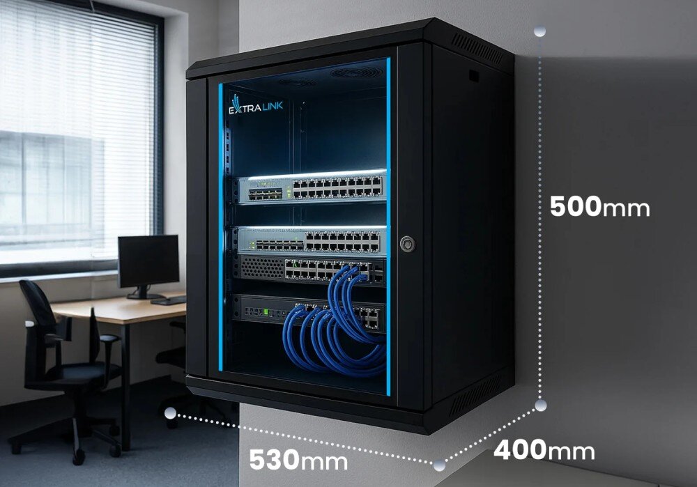 Na obrazie widoczna jest czarna szafa RACK z logo EXTRALINK, zawierająca sprzęt sieciowy i niebieskie kable. Wymiary szafy to 530 mm szerokości, 500 mm wysokości i 400 mm głębokości.