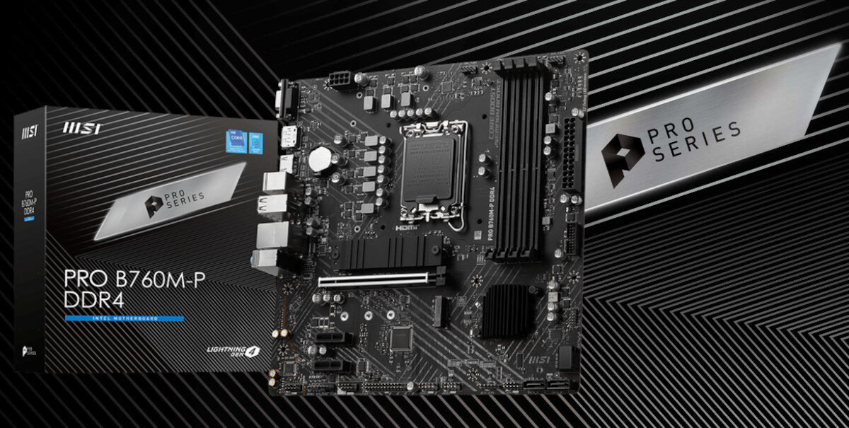 Obraz przedstawia płytę główną z serii Pro Series oraz jej opakowanie z napisem \'PRO B760M-P DDR4\'. Widoczne są elementy elektroniczne oraz logo MSI na tle geometrycznego wzoru.