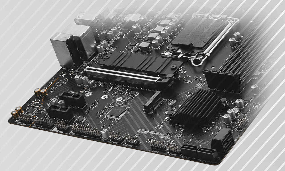 Obraz przedstawia płytę główną z różnymi komponentami elektronicznymi, takimi jak gniazda, kondensatory i złącza. Na płycie widoczne jest logo MSI.