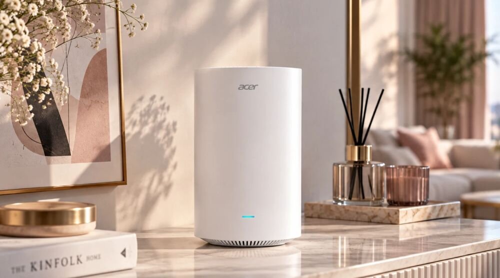 Na marmurowym blacie stoi biały router z logo \'acer\', obok którego znajdują się książki, wazon z kwiatami i dyfuzor zapachowy.