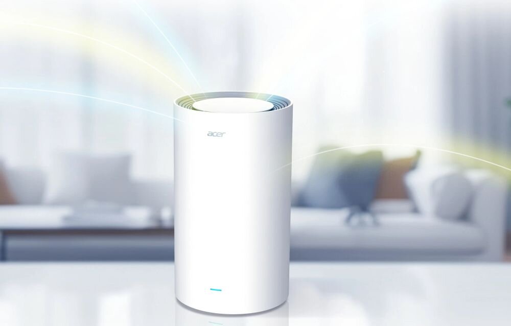 Na obrazie widoczny jest biały, cylindryczny router z logo \'acer\' na przodzie, umieszczony na jasnym tle. Wokół urządzenia widać kolorowe linie symbolizujące sygnał Wi-Fi.