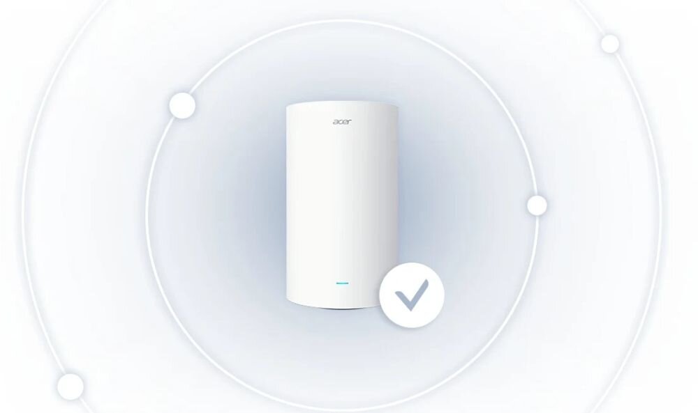 Obraz przedstawia biały, cylindryczny router z logo \'acer\' na górze. W tle widoczne są koncentryczne okręgi z kilkoma punktami, a na dole znajduje się symbol zaznaczenia (checkmark).
