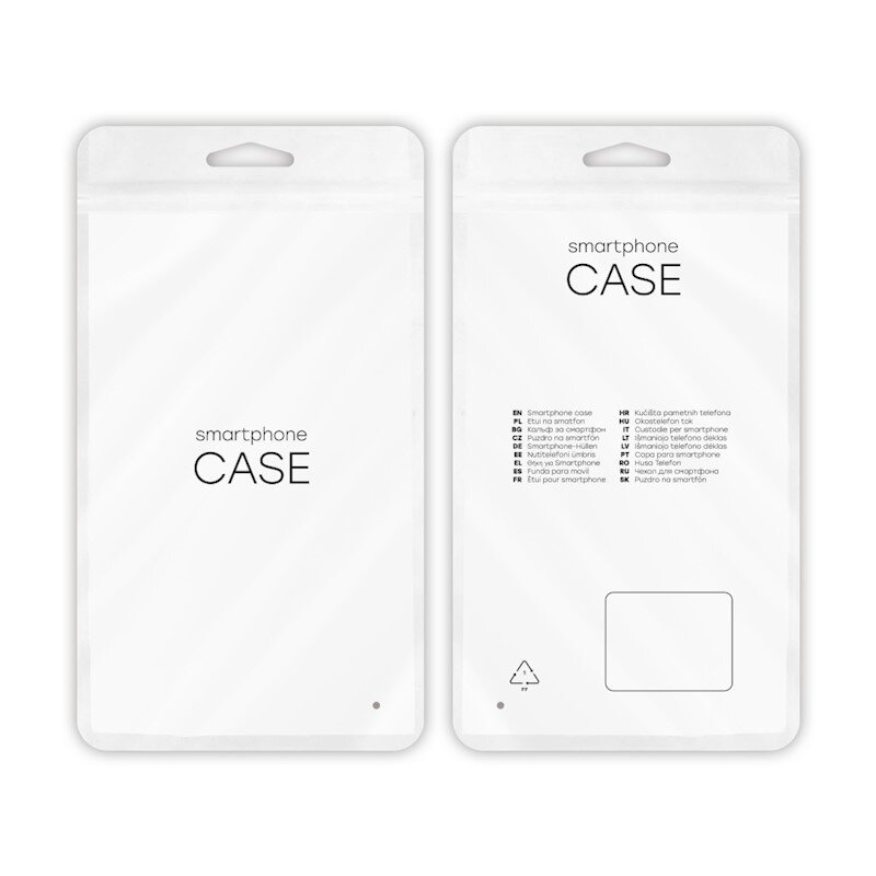 Opakowanie na etui do smartfona z napisem \'smartphone CASE\' na przodzie. Na odwrocie znajduje się lista tłumaczeń \'smartphone case\' w różnych językach oraz symbol recyklingu.