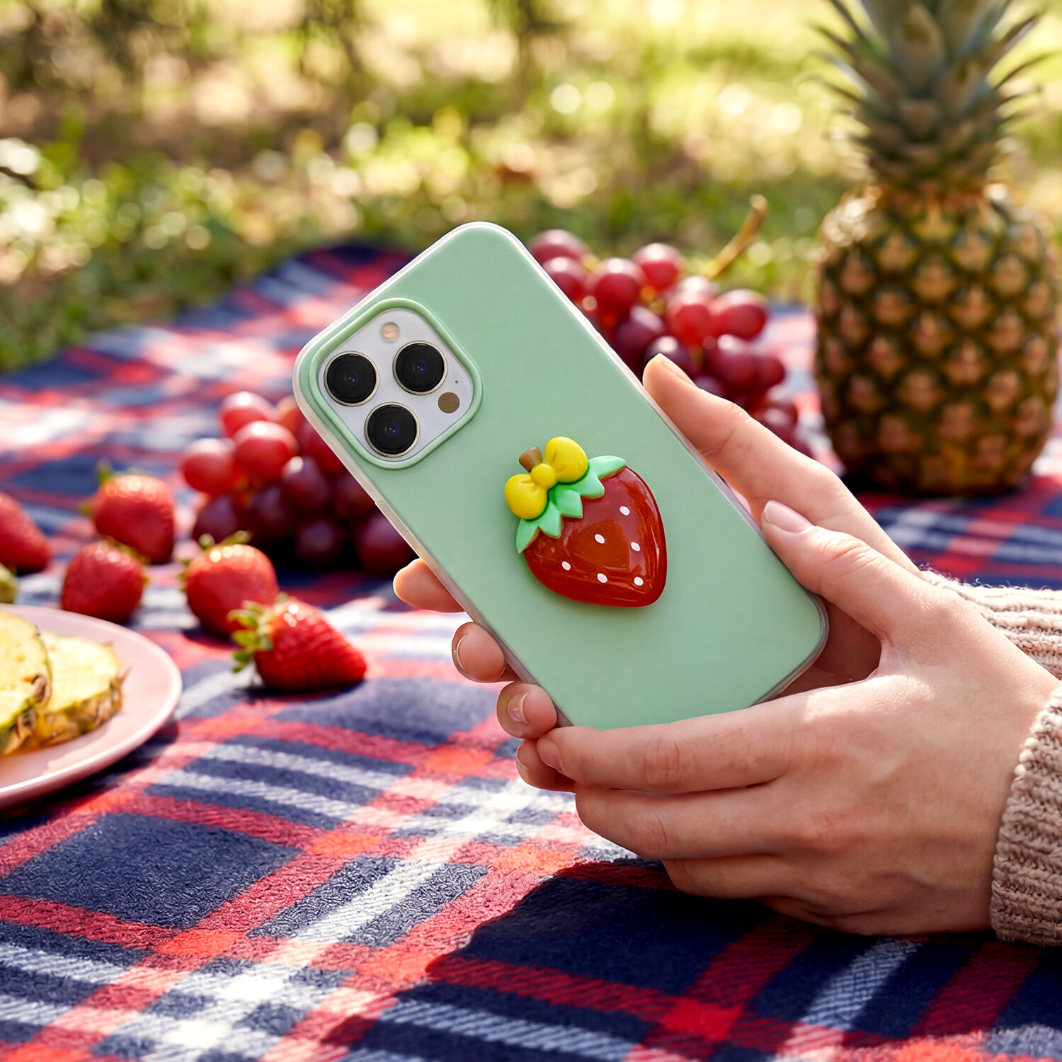 Osoba trzyma zieloną nakładkę na telefon z ozdobą w kształcie truskawki. W tle widać owoce, takie jak winogrona, truskawki i ananas, na kocu w kratę.