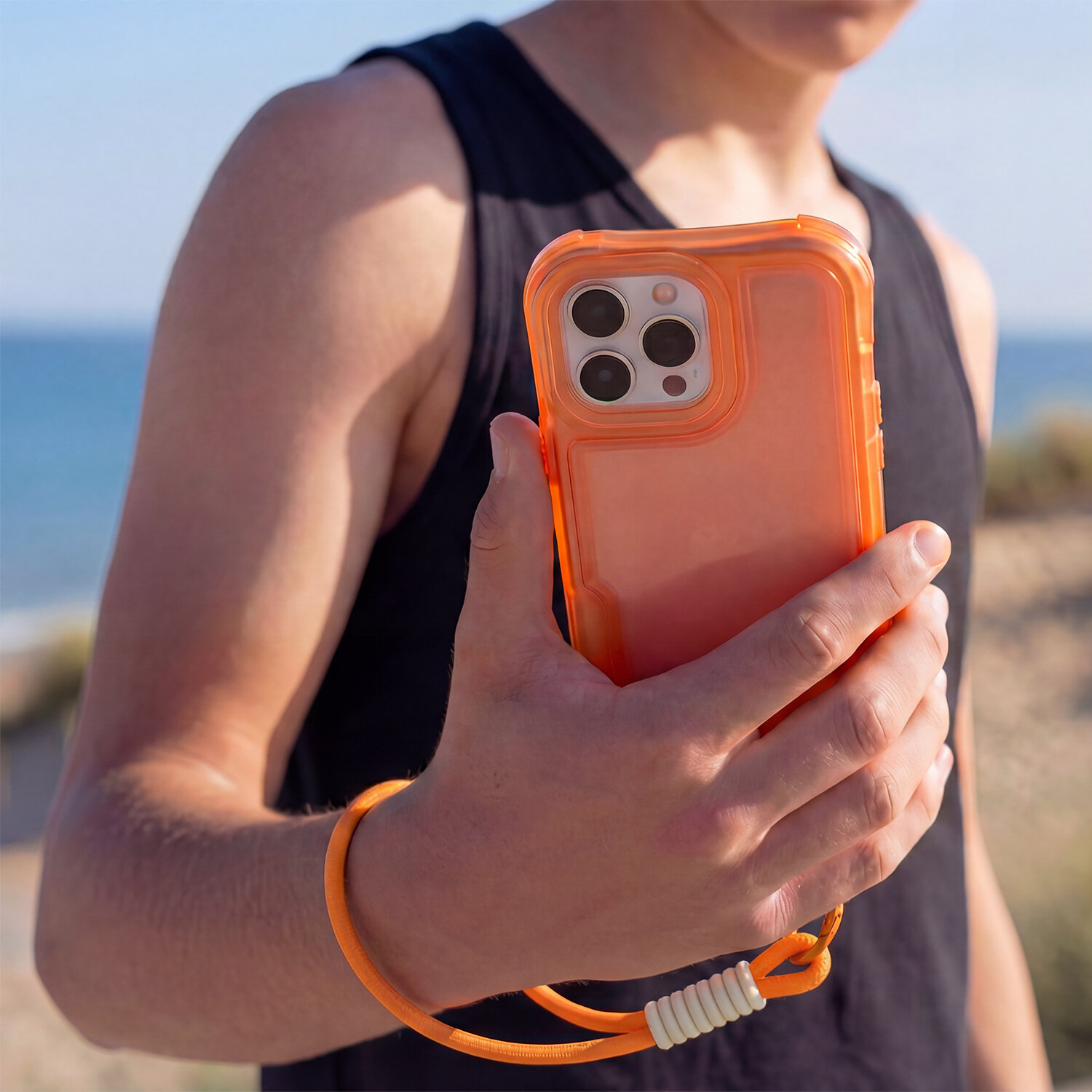 Osoba trzyma telefon w pomarańczowej nakładce z dołączoną smyczą. W tle widać plażę i morze.