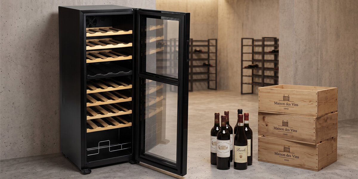 W pomieszczeniu o industrialnym wystroju stoi otwarta chłodziarka do wina Vermentino 36 C Dual. Obok znajdują się butelki wina oraz drewniane skrzynki drewniane półki regulowane nóżki Auto Defrost wygoda