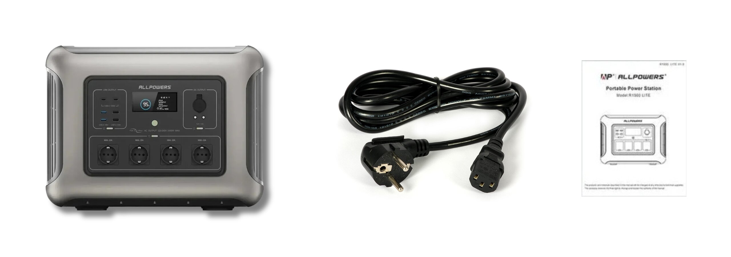 Na obrazie widoczna jest przenośna stacja zasilania z kilkoma gniazdami i portami, czarny kabel z wtyczką oraz instrukcja obsługi z napisem \'ALLPOWERS Portable Power Station Model: AP-SS-009-B\'.