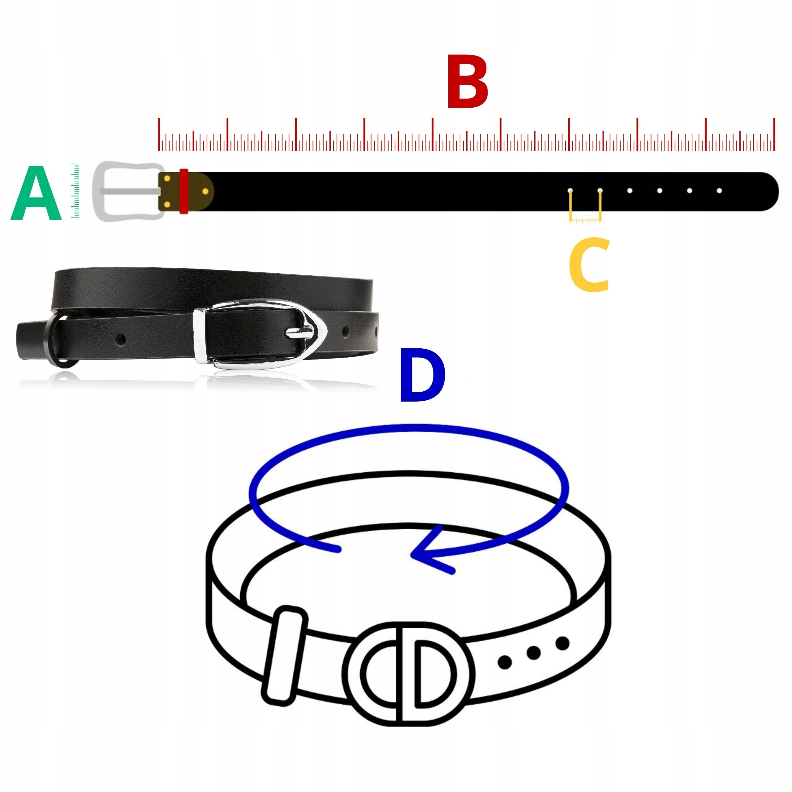 Obraz przedstawia czarny, cienki pasek skórzany z srebrną klamerką, z oznaczeniami literowymi A, B, C, D oraz miarką. Pasek jest długi na 125 cm.