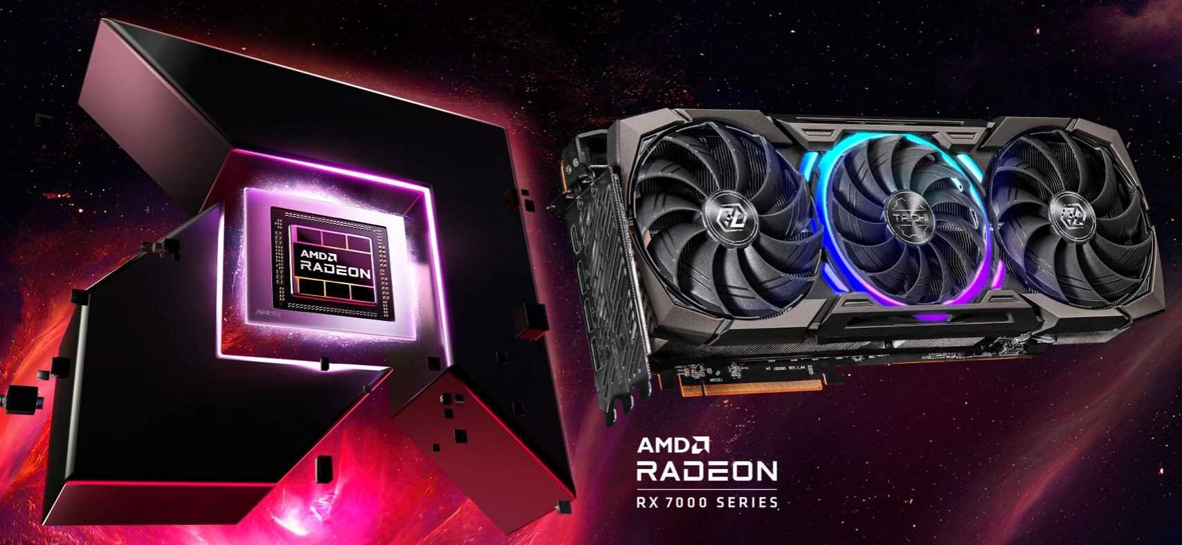 Obraz przedstawia kartę graficzną z trzema wentylatorami i podświetleniem RGB. Widoczny jest tekst: \'AMD RADEON RX 7000 SERIES\'.