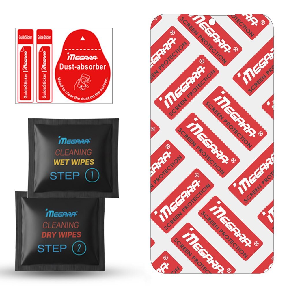 Na obrazie widoczne są elementy zestawu do ochrony ekranu: dwie saszetki z chusteczkami czyszczącymi oznaczone jako \'STEP 1\' i \'STEP 2\', naklejki \'Guide Sticker\' i \'Dust-absorber\', oraz prostokątna szybka ochronna z logo \'MEGARA\' i napisem \'SCREEN PROTECTION\'.