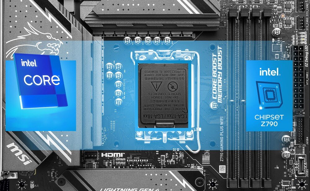 Obraz przedstawia płytę główną z widocznymi elementami takimi jak gniazdo procesora, logo MSI oraz napisy \'intel CORE\' i \'CHIPSET Z790\'. Na płycie widoczny jest również napis \'Z790 GAMING PLUS WIFI\'.