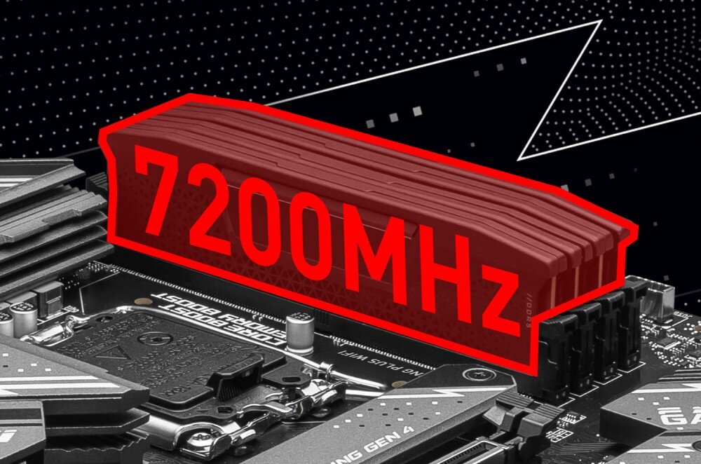 Obraz przedstawia fragment płyty głównej z widocznym napisem \'7200MHz\' w czerwonym kolorze. W tle widać elementy elektroniczne i złącza płyty głównej.