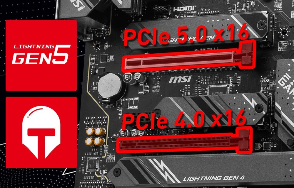 Obraz przedstawia fragment płyty głównej z widocznymi slotami PCIe oznaczonymi jako PCIe 5.0 x16 i PCIe 4.0 x16. Na płycie widoczne jest logo MSI oraz napisy \'LIGHTNING GEN5\' i \'LIGHTNING GEN 4\'.