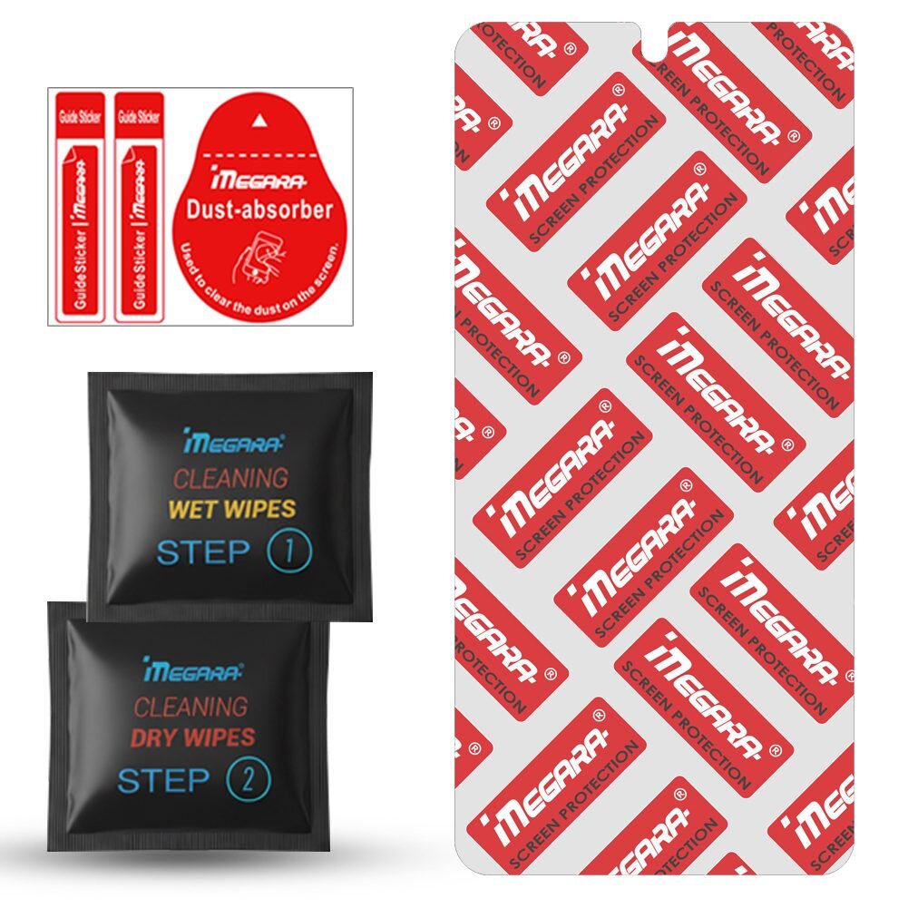 Na obrazie widoczne są elementy zestawu do montażu szkła ochronnego: naklejki \'Guide Sticker\', \'Dust-absorber\', oraz dwie saszetki \'Cleaning Wet Wipes STEP 1\' i \'Cleaning Dry Wipes STEP 2\'. Szkło ochronne ma wzór z logo \'MEGARA\' i napisem \'SCREEN PROTECTION\'.