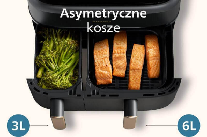 Obraz przedstawia frytkownicę beztłuszczową z dwoma koszami, w jednym z nich znajdują się brokuły, a w drugim kawałki łososia. Na górze widoczny jest tekst: \'Asymetryczne kosze\', a pośrodku logo \'PHILIPS\'.