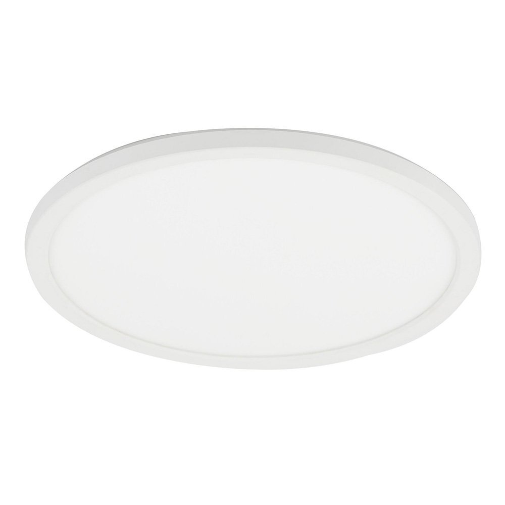 Biały, okrągły plafon LED o gładkiej powierzchni. Produkt ma prosty, nowoczesny design.