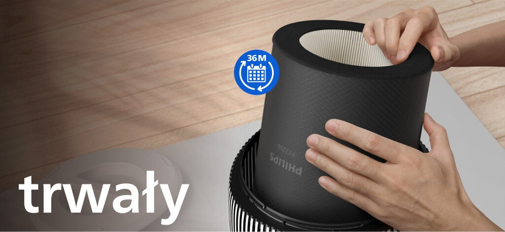 Osoba montuje filtr w oczyszczaczu powietrza marki Philips, obok widoczna jest ikona z napisem \'36M\'. Na obrazie znajduje się również tekst \'trwały\'.