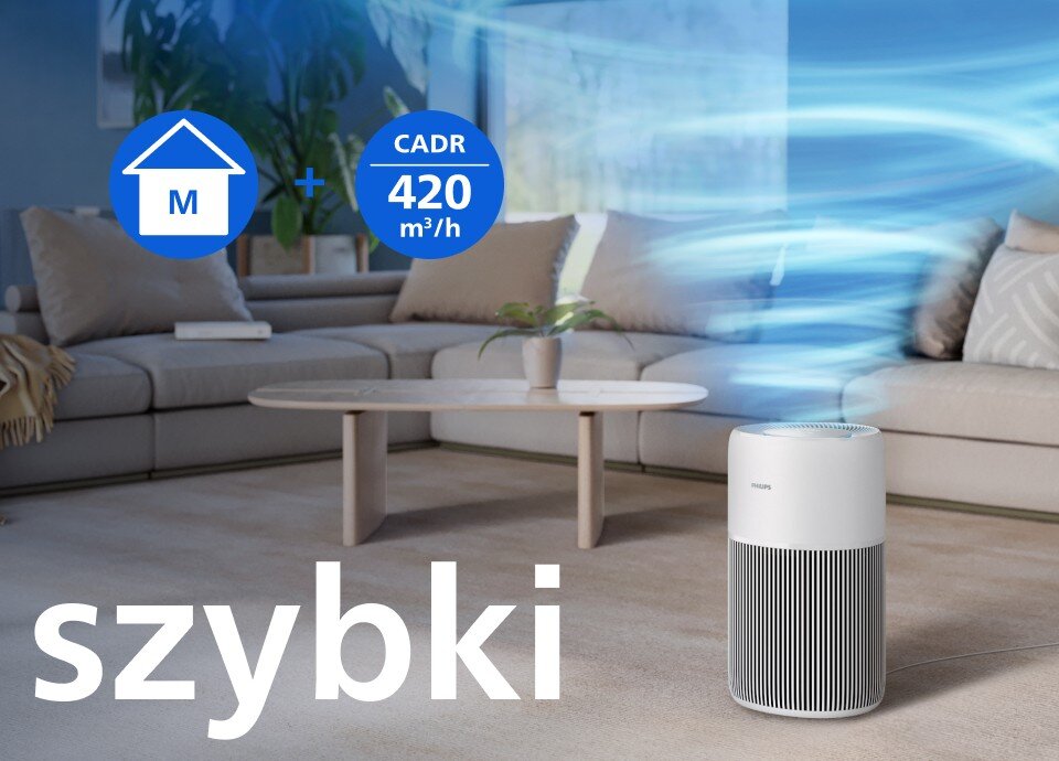Na obrazie znajduje się oczyszczacz powietrza w salonie z kanapą i stolikiem. Widoczny jest tekst: \'M + CADR 420 m³/h\' oraz \'szybki\'.