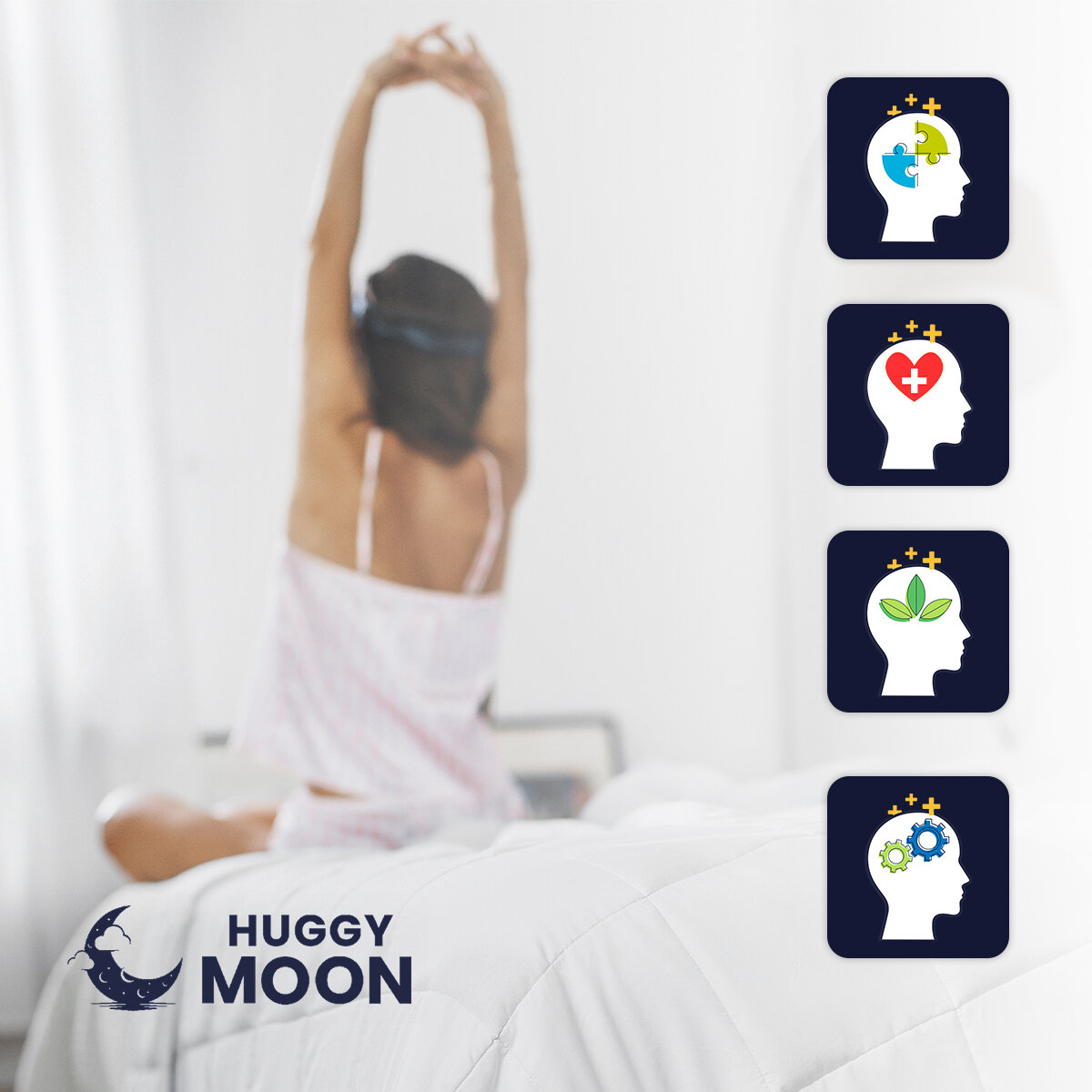 Na pierwszym planie widać białą kołdrę z logo \'HUGGY MOON\'. Obok znajdują się cztery ikony przedstawiające profile głowy z różnymi symbolami: puzzlem, sercem, liśćmi i kołami zębatymi.